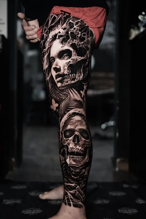 Black and grey leg sleeve with skull and woman portrait, tattooed in Seminyak at Mr Ink Bali