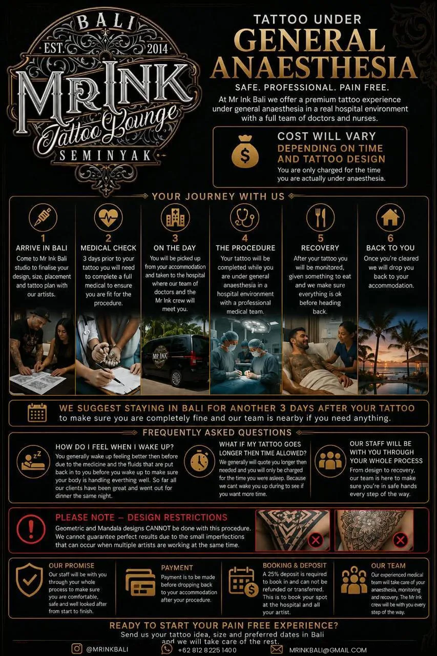Mr Ink Bali process guide for tattoos under general anaesthesia: your journey, FAQs, design restrictions, payment and booking
